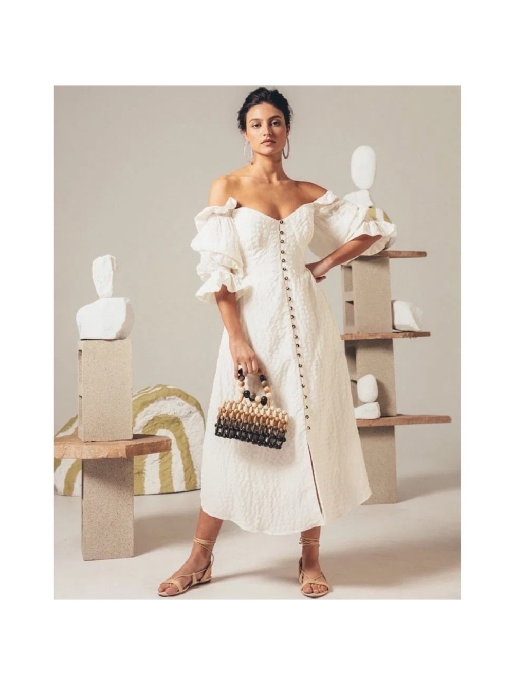 Cult Gaia Simona Textured Off Shoulder Midi Dress Off White Small GUC